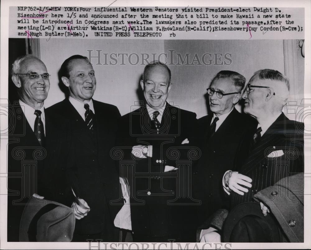 1953 Press Photo Pres. Dwight Eisenhower with Arthur Watkins, William F.Knowland - Historic Images