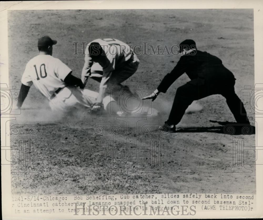 1948 Press Photo Cubs Bob Scheffing safe at 2nd vs Stalin of Reds - net09269 - Historic Images