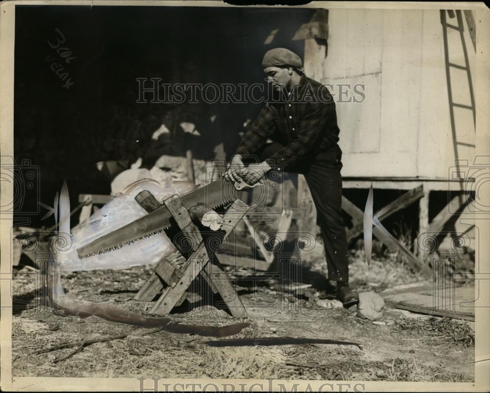 1925 Press Photo Boxer Berlenbach sawing wood at a training camp - net13114 - Historic Images