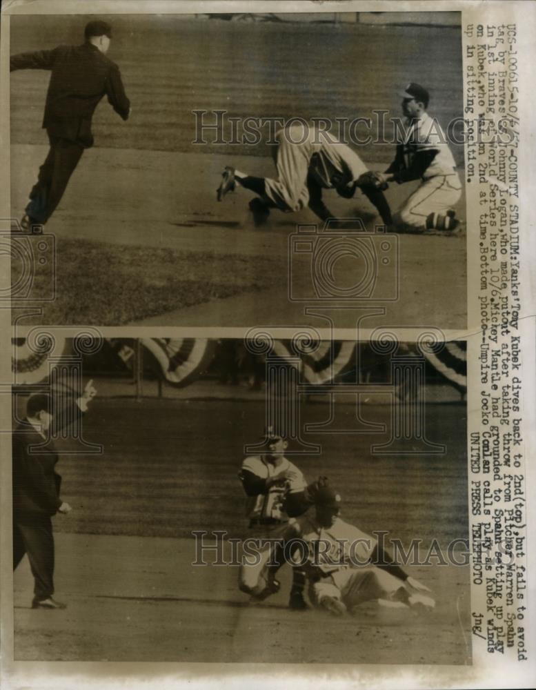 1957 Press Photo Yanks&#39; Tony Kubek dives back to 2nd vs Braves&#39; Johnny Logan - Historic Images