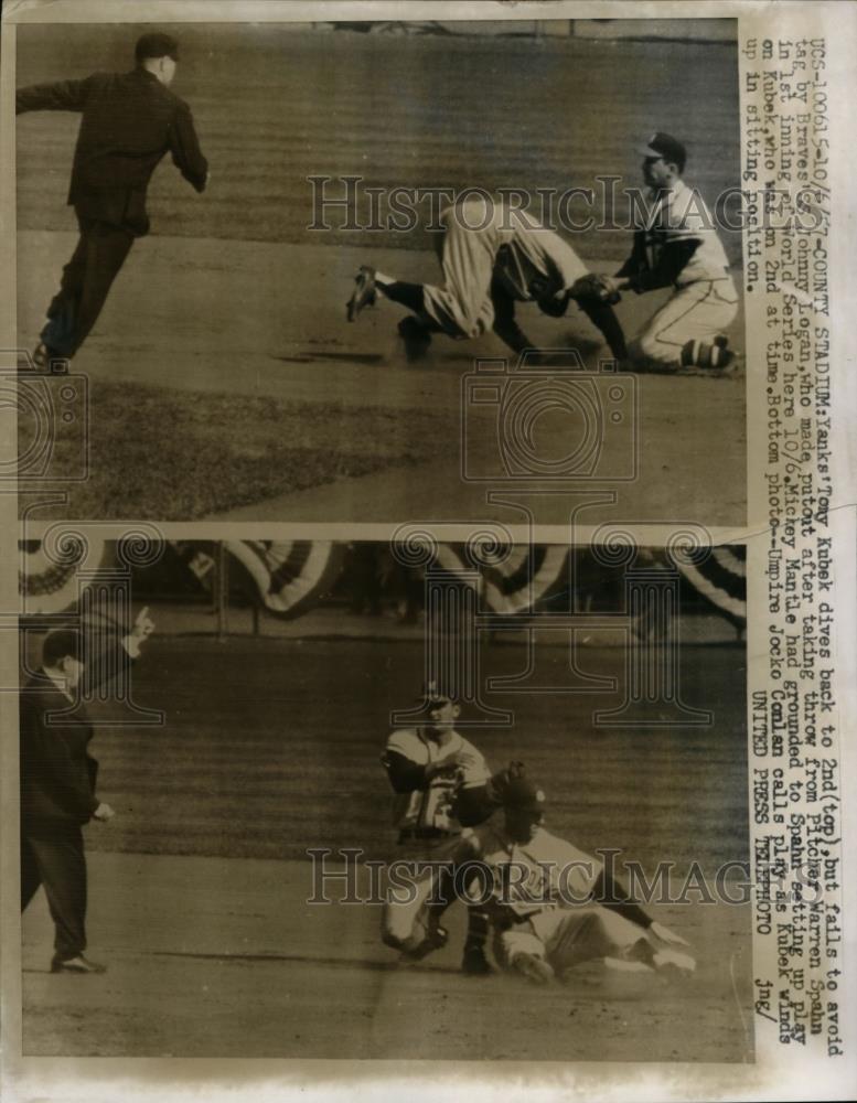 1957 Press Photo Yanks' Tony Kubek dives back to 2nd vs Braves' Johnny Logan - Historic Images