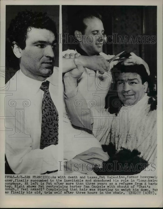 1951 Press Photo Pat Valentino former boxer & barber Sam Gangale in CA - Historic Images