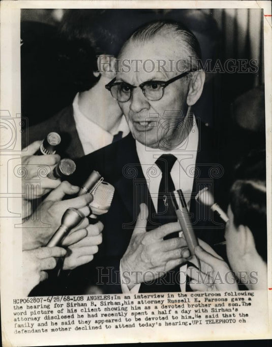 1968 Press Photo Sirhan's Attorney Gives Word Picture of Client Being a Good Son - Historic Images