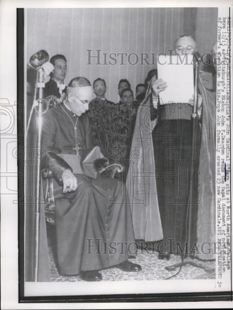 1958 Press Photo John Cardinal OHara Sits as Bishop Dearden Reads Papal Document - Historic Images