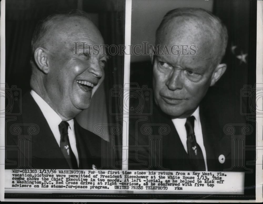 1956 Press Photo Two Combo Pictures Show Two Different Moods of Pres Eisenhower - Historic Images