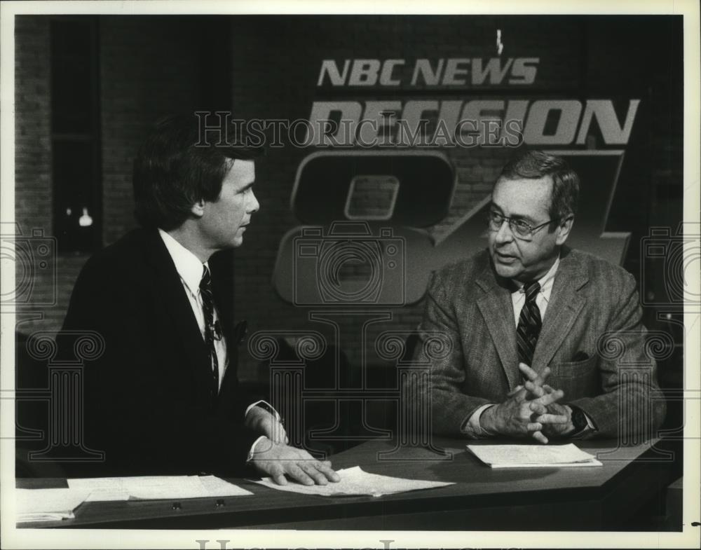 1984 Press Photo Correspondents Tom Brokaw and John Chancellor on Decision '84. - Historic Images