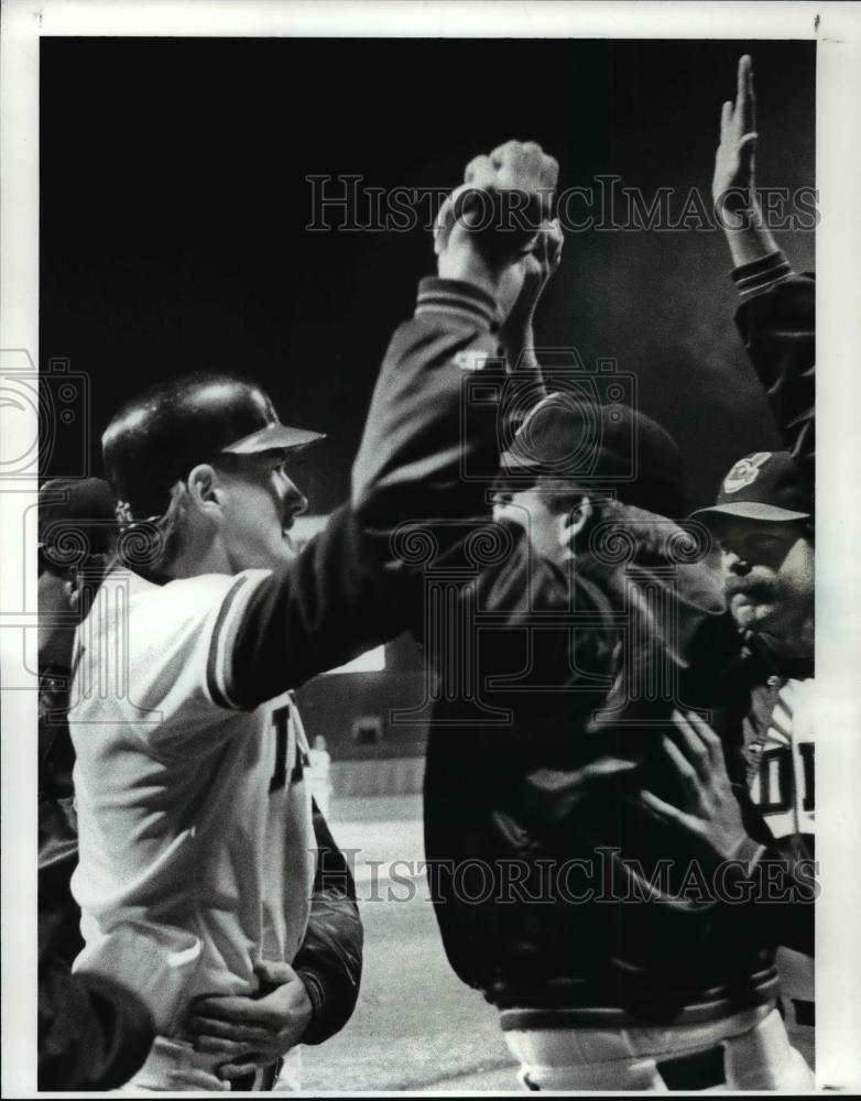 1988 Press Photo Andy Allanson is greeted by teammates after hitting home run - Historic Images