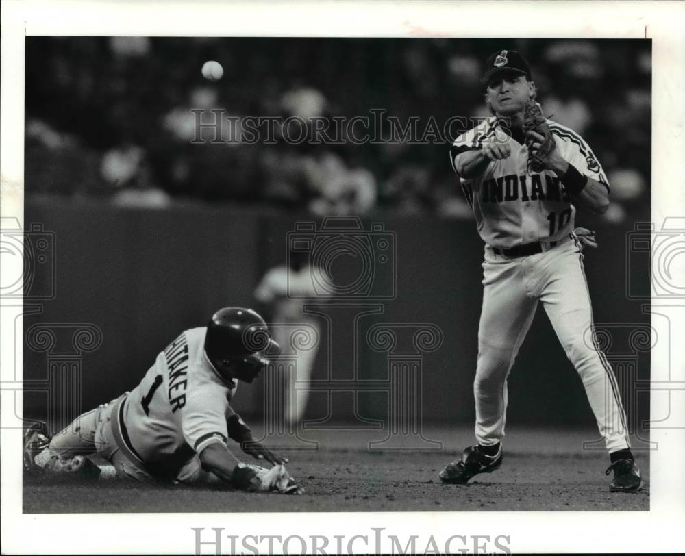 Press Photo Mark Lewis, Indians, completes double, tagging Lou Whitaker, Tigers - Historic Images
