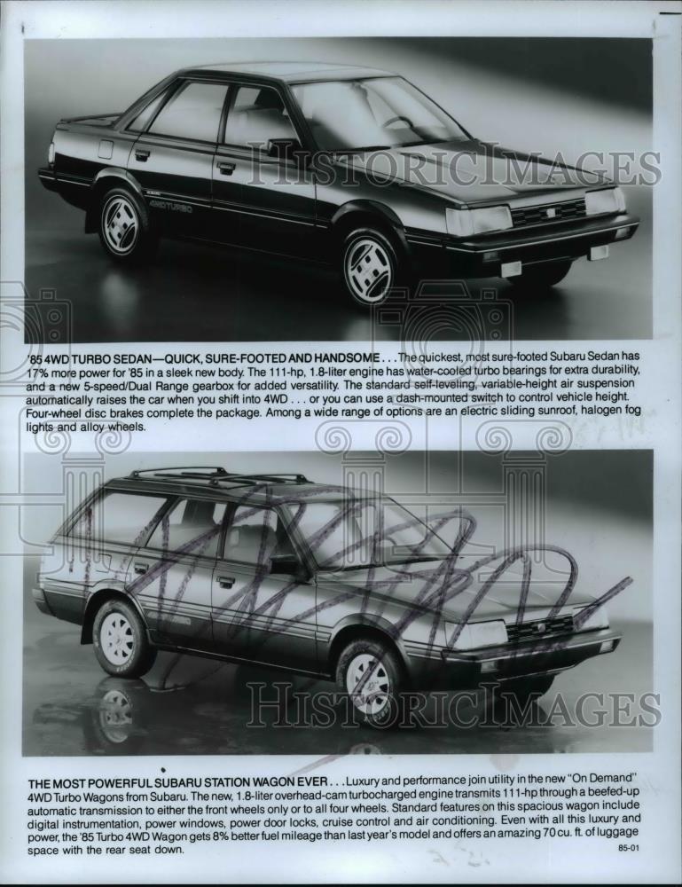 1985 Press Photo TB &#39;85 4WD Turbo Sedan &amp; The Most Powerful Subaru Station Wagon - Historic Images