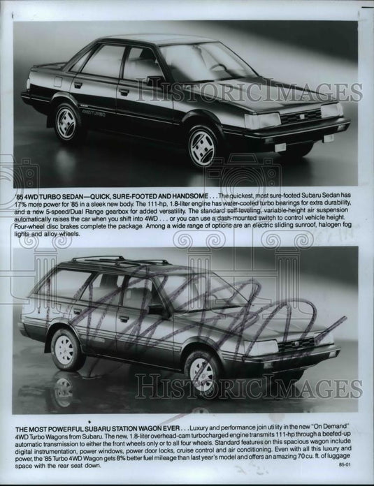 1985 Press Photo TB '85 4WD Turbo Sedan & The Most Powerful Subaru Station Wagon - Historic Images