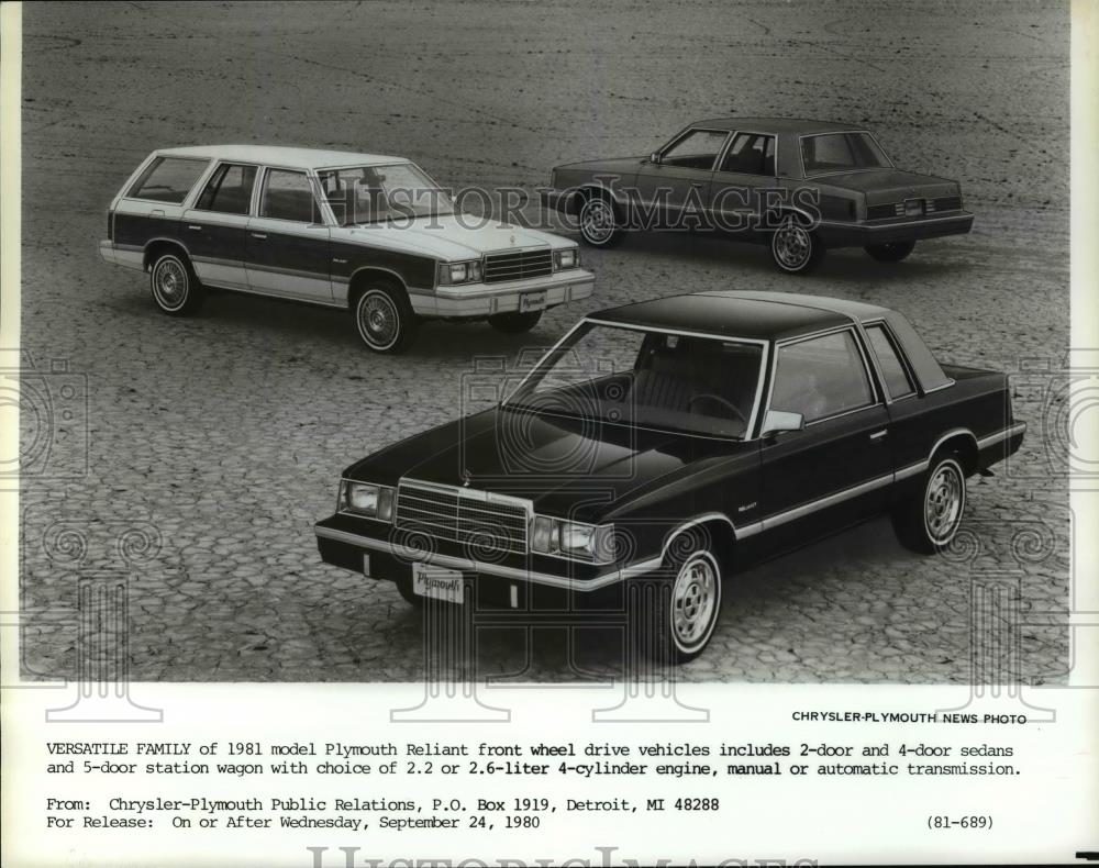 1980 Press Photo Dodge 1981 Plymouth Reliant front wheel automobiles - cvb68859 - Historic Images