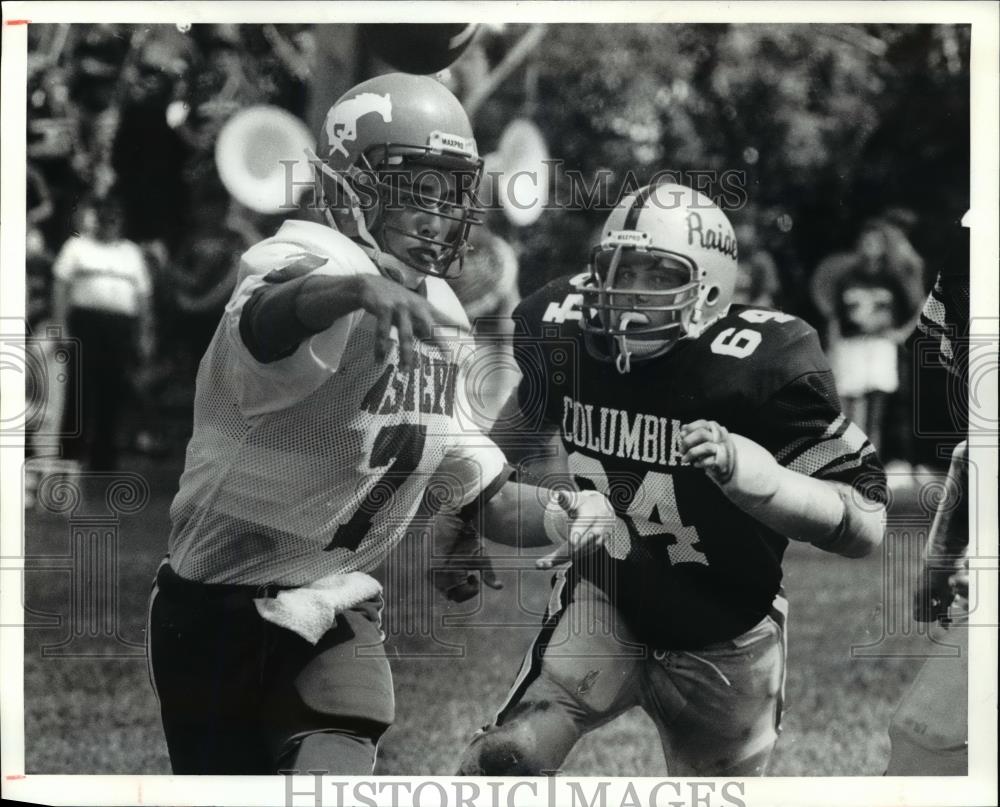 1991 Press Photo Rough Riders&#39; Kurt Bly vs Columbia Raiders&#39; Jim Wright - Historic Images