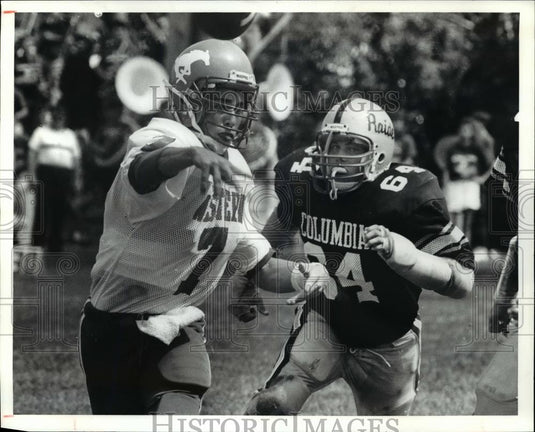 1991 Press Photo Rough Riders' Kurt Bly vs Columbia Raiders' Jim Wright - Historic Images