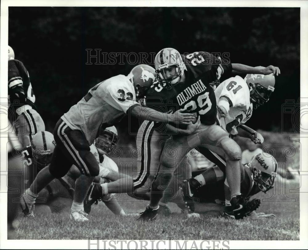 1991 Press Photo Western Reserve Rough Riders&#39; McGhee vs Columbia Raiders&#39; Bagi - Historic Images