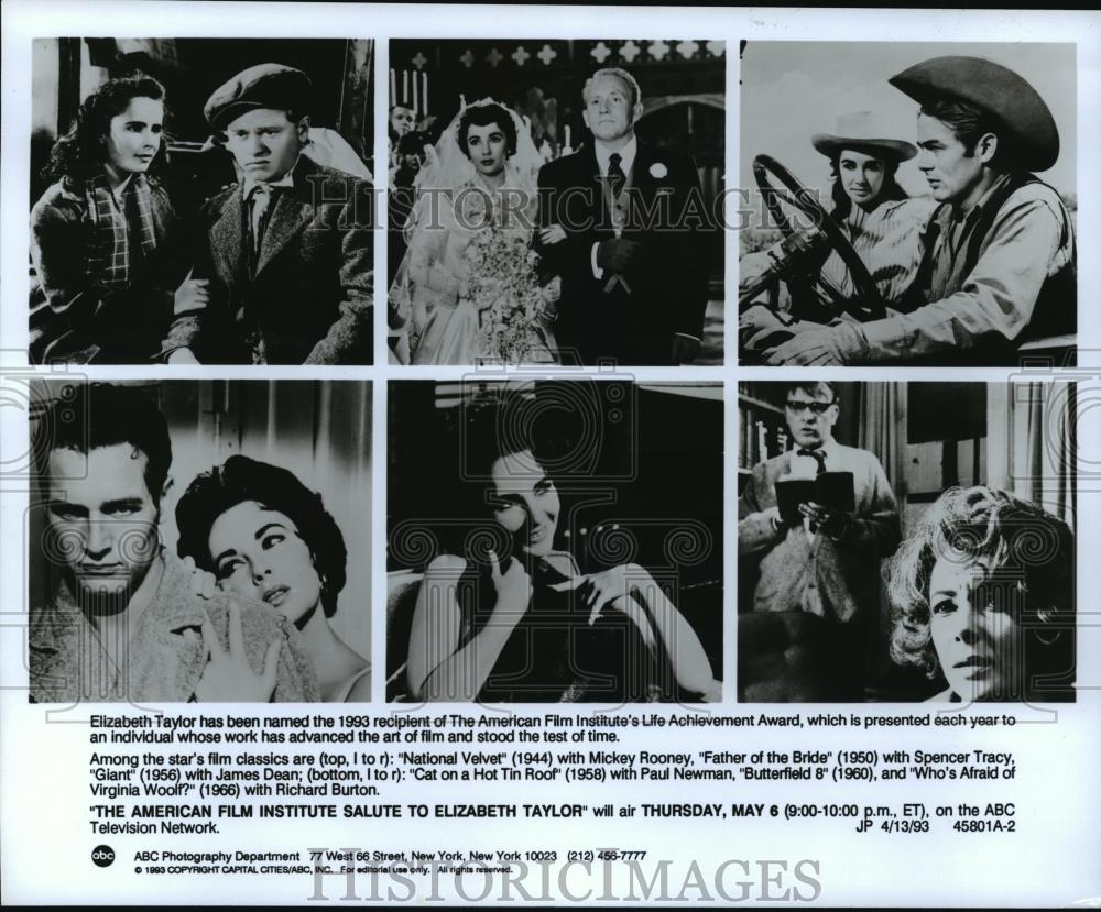 1993 Press Photo Salute to Elizabeth Taylor with M. Rooney, J. Dean, P. Newman - Historic Images