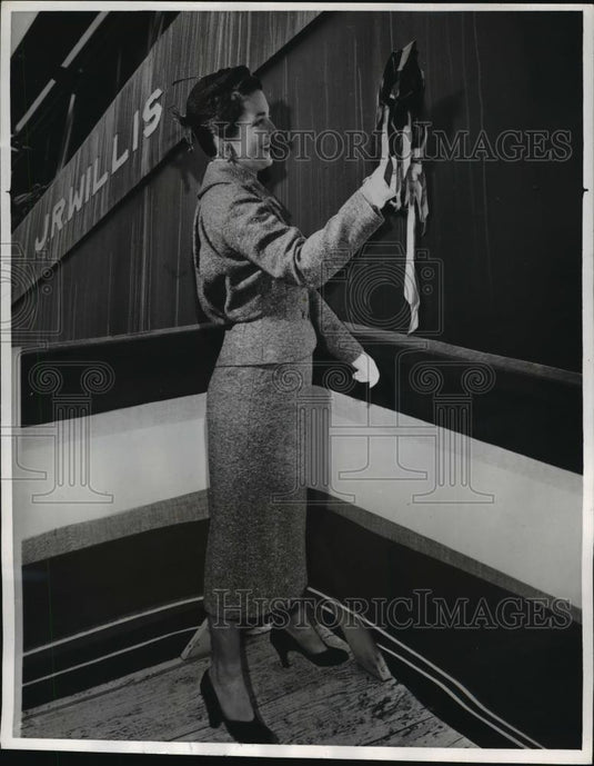 1955 Press Photo Mrs. Roleta Willis Hall Christens the J.R. Willis Cargo Vessel - Historic Images
