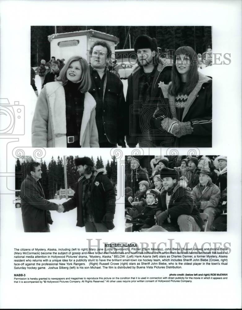 1999 Press Photo Russell Crowe, Colm Meaney and Hank Azaria in Mystery, Alaska. - Historic Images