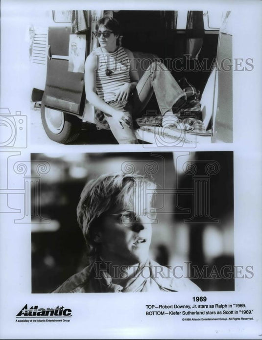 1990 Press Photo Robert Downey Jr. and Kiefer Sutherland in the movie "1969" - Historic Images