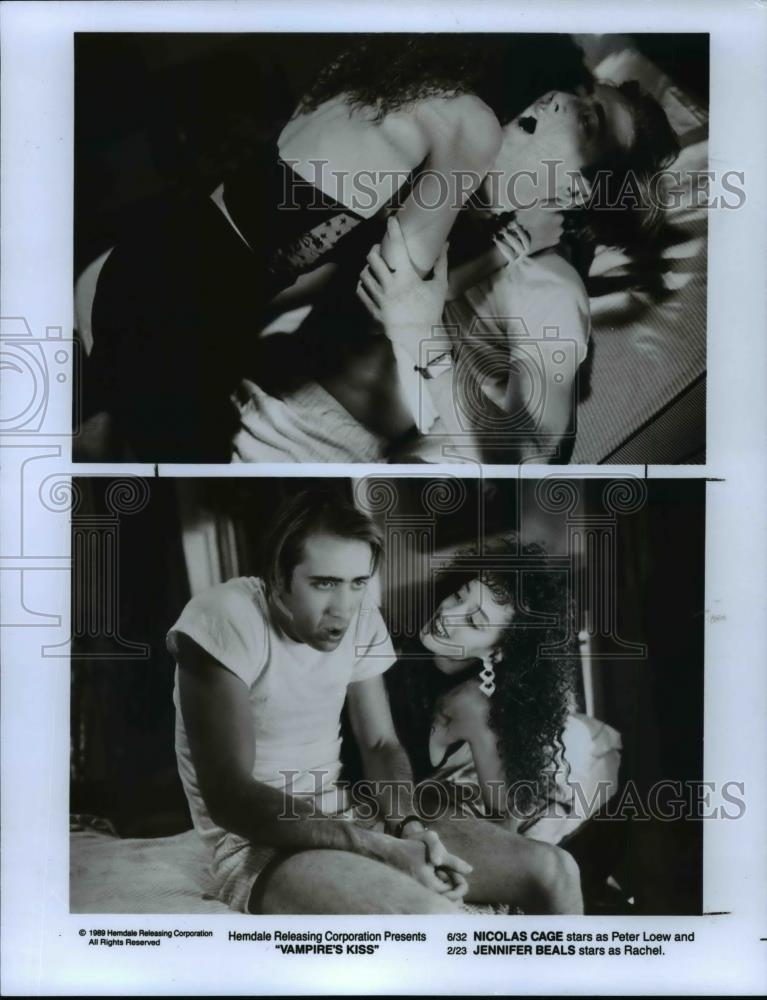 1989 Press Photo Nicholas Cage and Jennifer Beals in Vampire's Kiss. - cvp98823 - Historic Images
