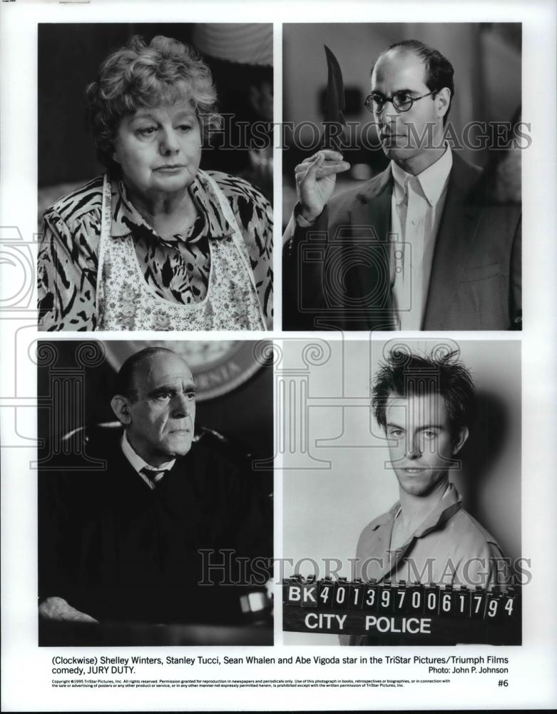 1995 Press Photo Shelley Winters, Stanley Tucci and Sean Whalen in Jury Duty. - Historic Images