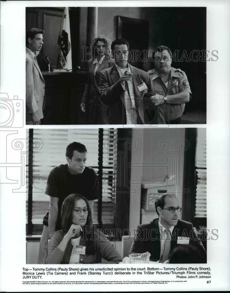 1995 Press Photo Pauly Shore, Tia Carrere and Stanley Tucci in Jury Duty. - Historic Images