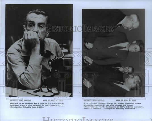 1983 Press Photo Merriman Smith, John Kennedy, Truman and McNamara - cvp99218 - Historic Images