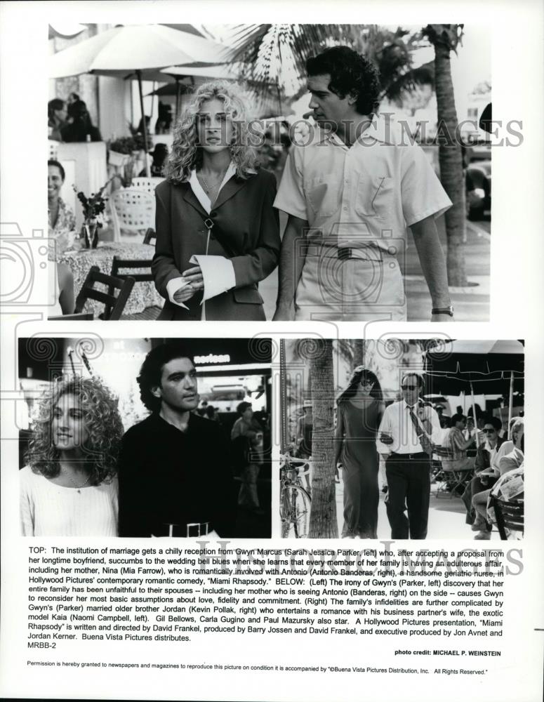 1995 Press Photo Antonio Banderas and Sarah Jessica Parker in Miami Rhapsody. - Historic Images