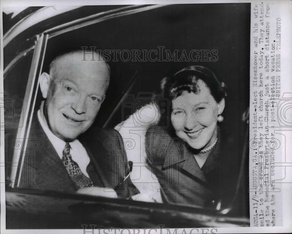 1952 Press Photo President & First Lady Eisenhower Leaving Church in Georgia - Historic Images