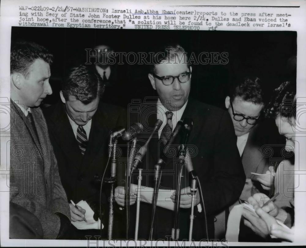 1957 Press Photo Israeli Ambassador Abba Eban During Press Conference - Historic Images