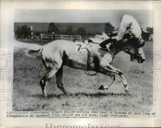 1948 Press Photo New York Jockey Robert Miller pitched over head of Ourarms NYC - Historic Images