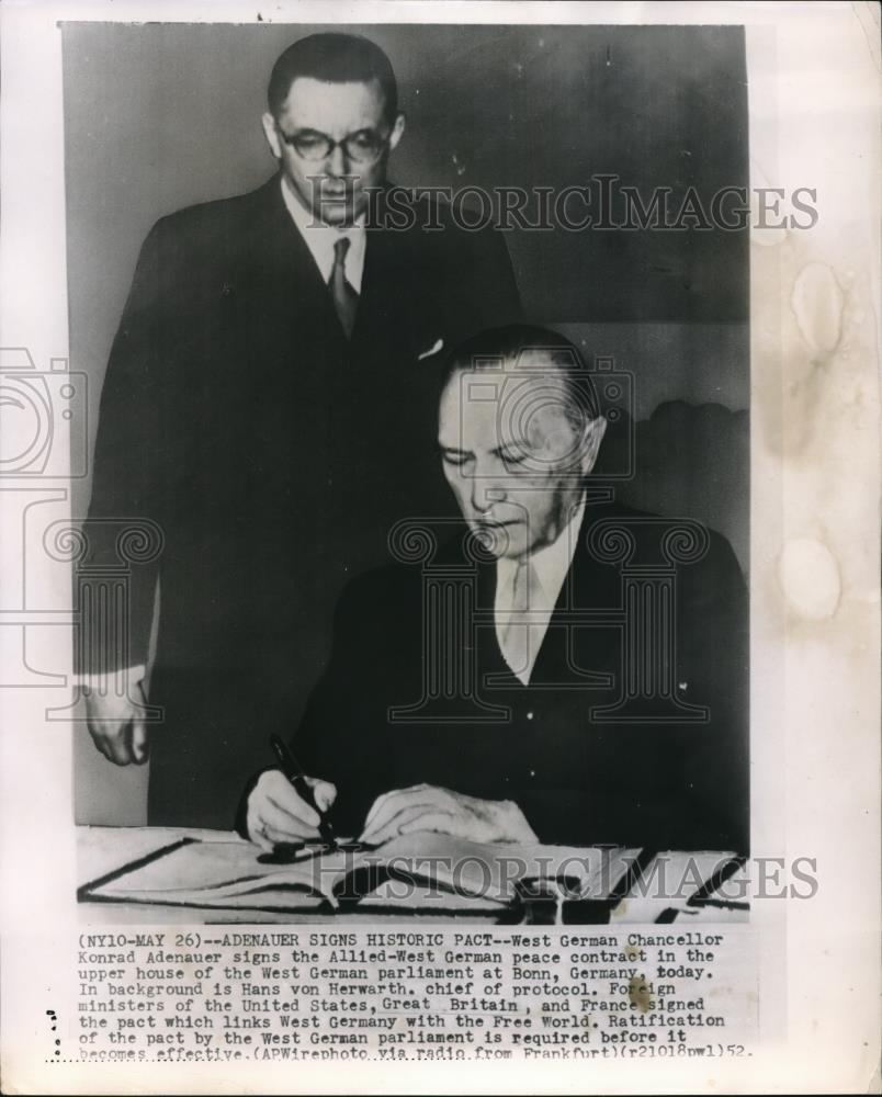 Press Photo West German Chancellor Konrad Adenauer signs Allied-West peace deal - Historic Images
