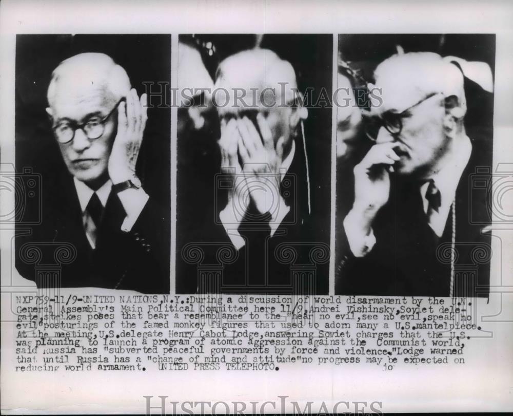 1953 Press Photo Andrei Vishinsky Poses Hear No Evil See No Evil Speak No Evil - Historic Images