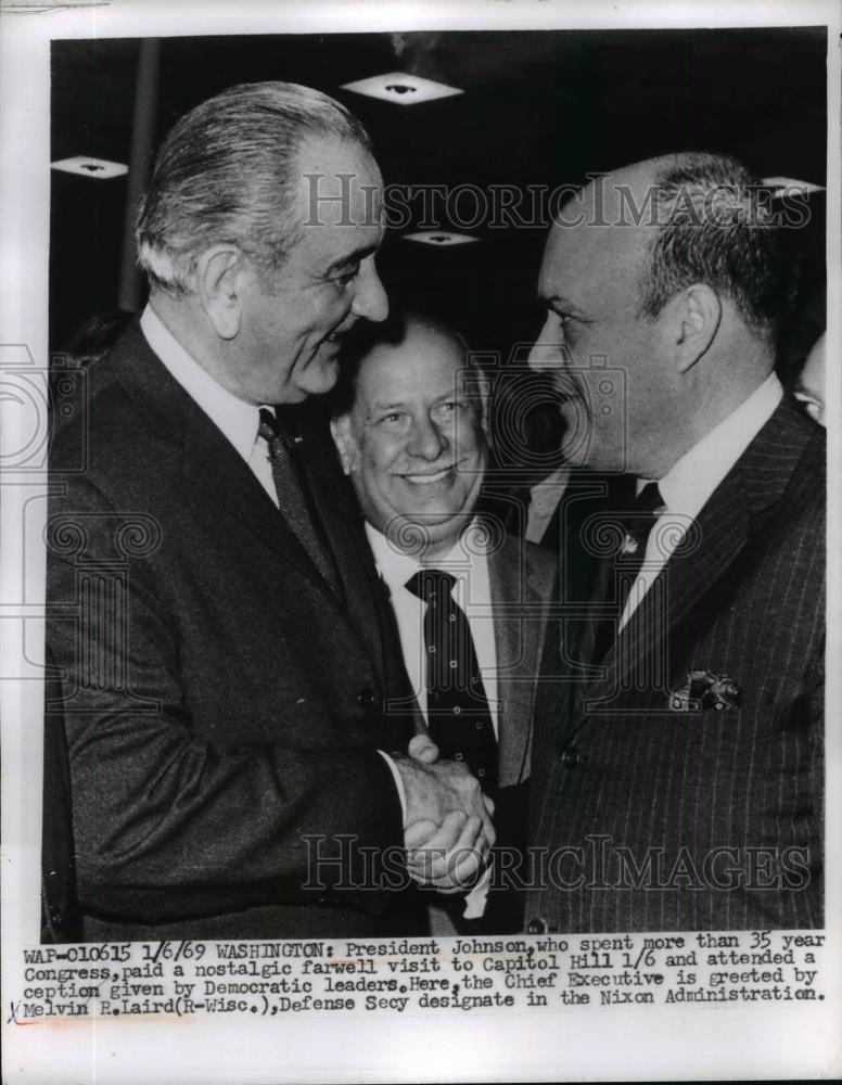 1969 Press Photo Lyndon B. Johnson, Melvin R. Laird at Democratic Reception - Historic Images