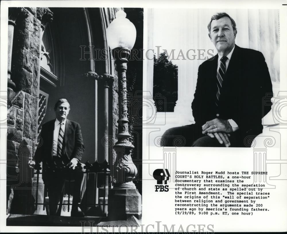1989 Press Photo Journalist Roger Mudd hosts The Supreme Court&#39;s Holy Battles. - Historic Images