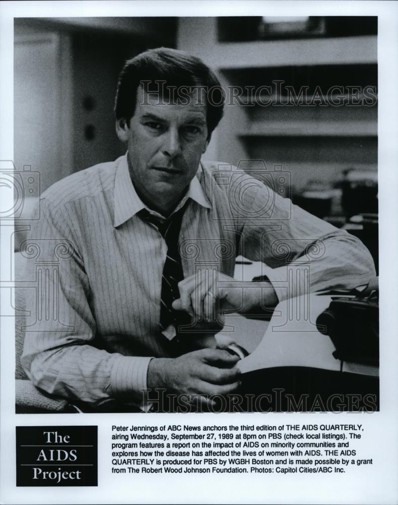 1989 Press Photo Peter Jennings anchor of The AIDS Quarterly on PBS. - spp01926 - Historic Images