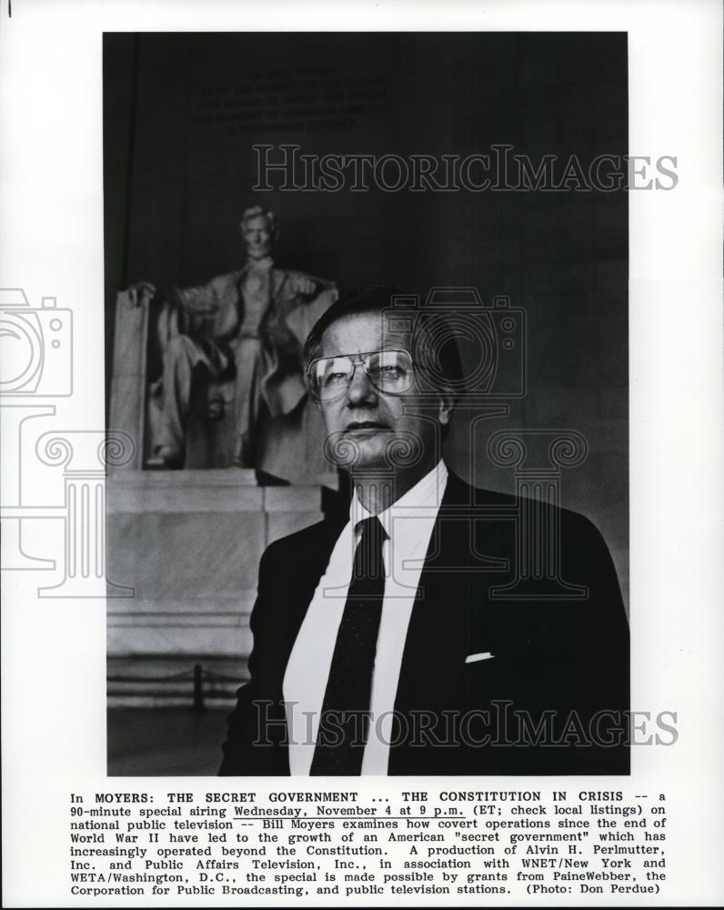1989 Press Photo Bill Moyers hosts Secret Government, The Constitution in Crisis - Historic Images