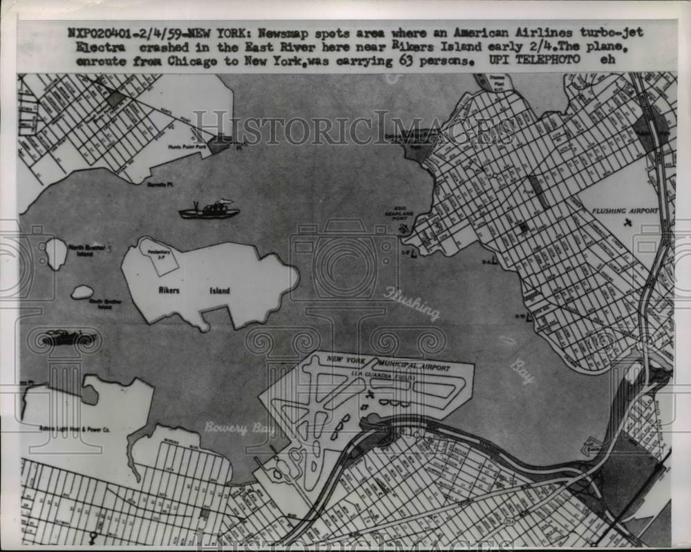 1959 Press Photo New York newsmap shows where jet crashed in East River NYC - Historic Images