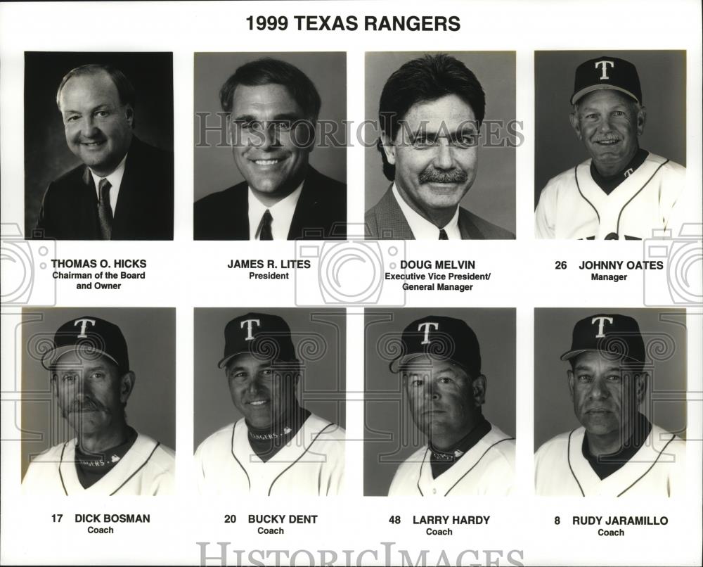 1999 Press Photo Texas Rangers Roster of Coaches, Manager, Owner, and President - Historic Images