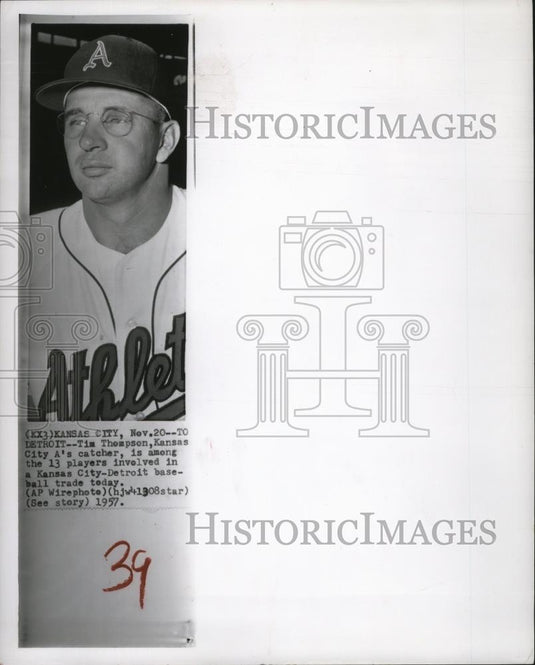 1957 Press Photo Tim Thompson, catcher for the Kansa City Atheltics's team. - Historic Images