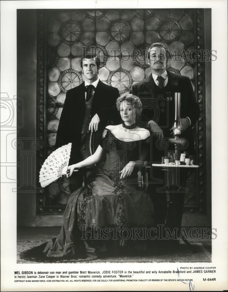 1994 Press Photo Mel Gibson, Jodie Foster and James Garner in comedy Maverick - Historic Images
