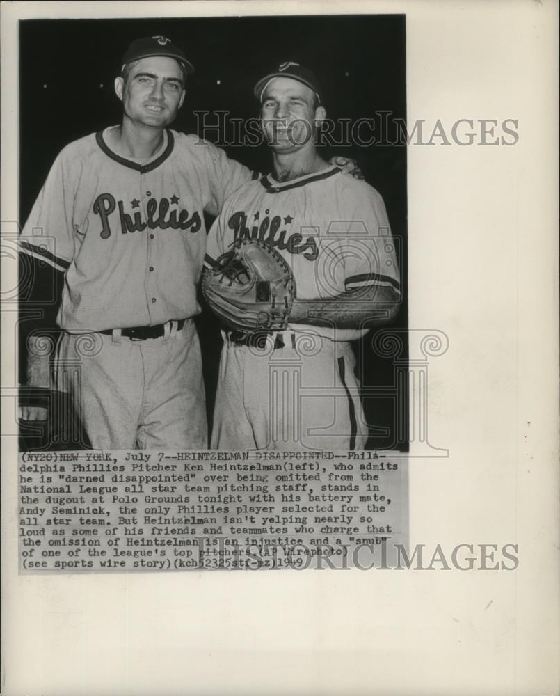 1949 Press Photo Ken Heintzelman pose with Andy Seminick at Polo Grounds - Historic Images