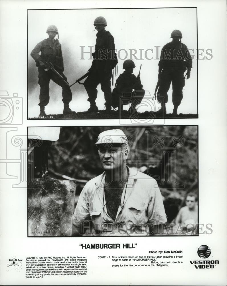 1987 Press Photo Soldiers atop Hamburger Hill scene &amp; director John Irvin - Historic Images