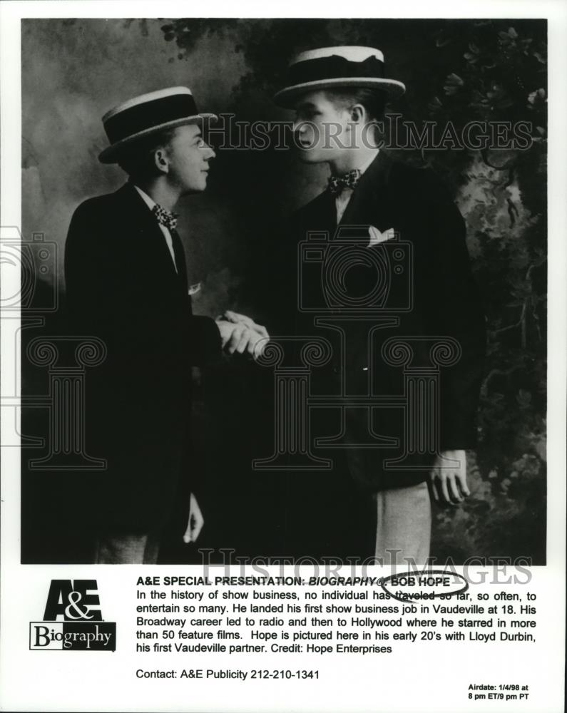 1998 Press Photo Bob Hope &amp; Lloyd Durbin 1st Vaudeville partner on A&amp;E Biography - Historic Images