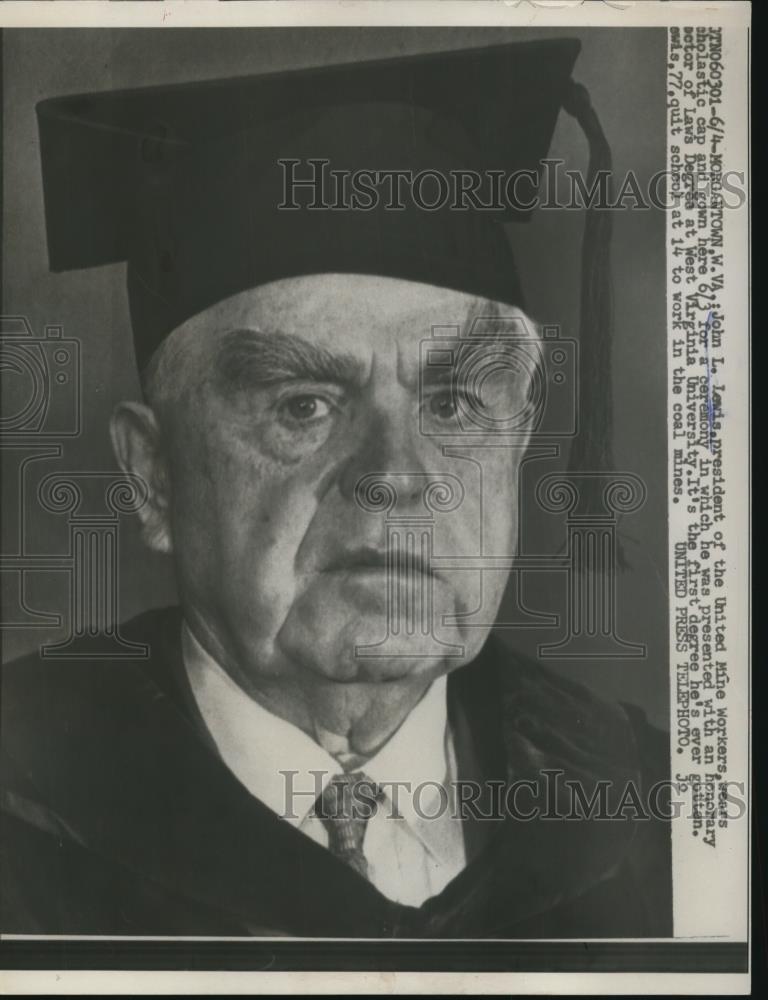 1957 Press Photo John L Lewis Wears University Cap &amp; Gown - nef25278 - Historic Images