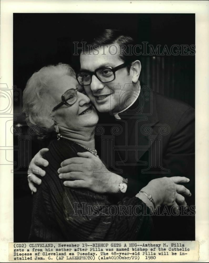 1980 Press Photo Anthony M Pilla gets hug from mother after being names bishop - Historic Images