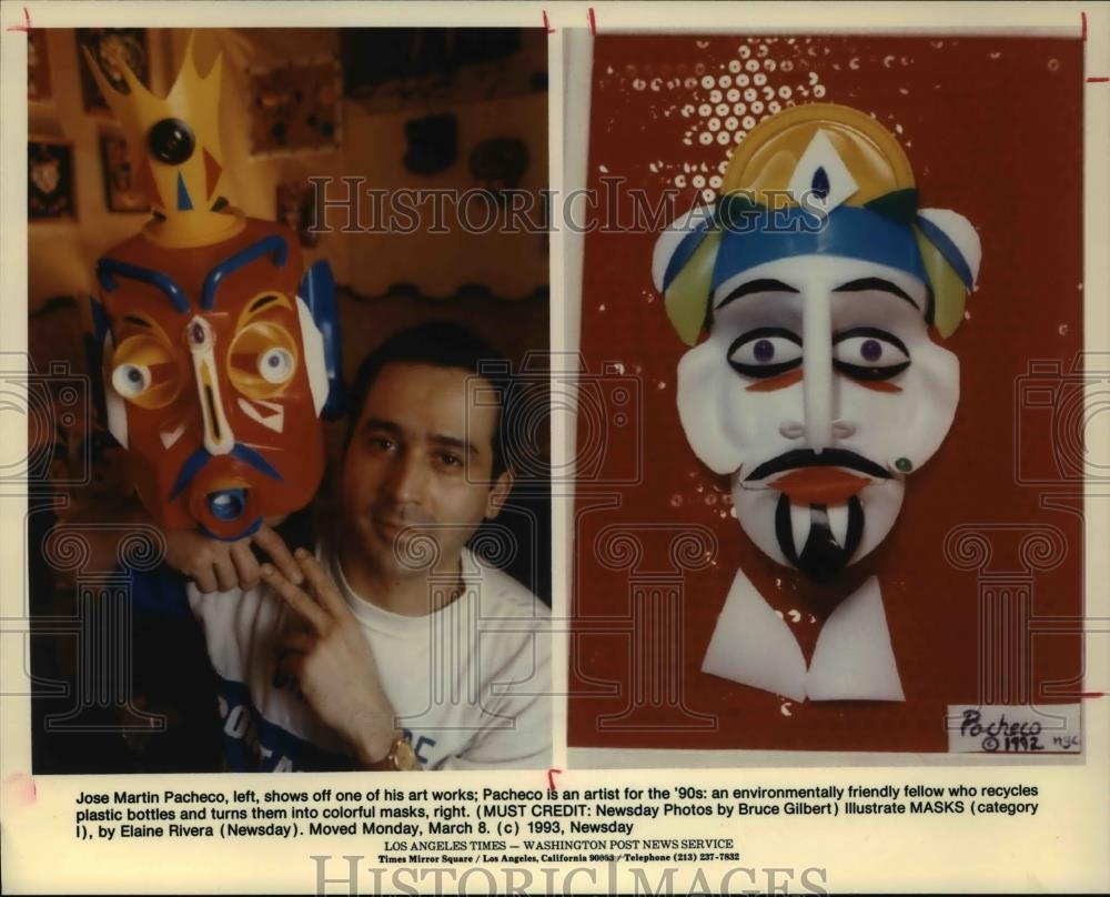 1993 Press Photo Artist Jose Martin Pacheco- Mask from recycled plastic bottles - Historic Images