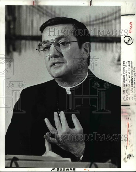 1988 Press Photo Bishop Anthony M. Pilla, discusses the needs of older retired - Historic Images