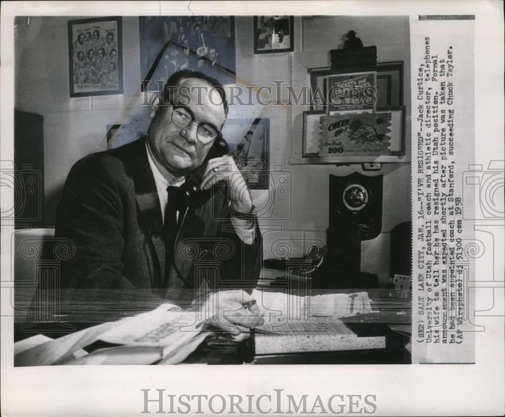 1958 Press Photo Jack Curtice calls wife to tell her he&#39;s resigning. - Historic Images