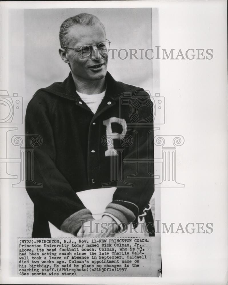 1957 Press Photo Dick Coleman Junior, Princeton University Head Football Coach - Historic Images