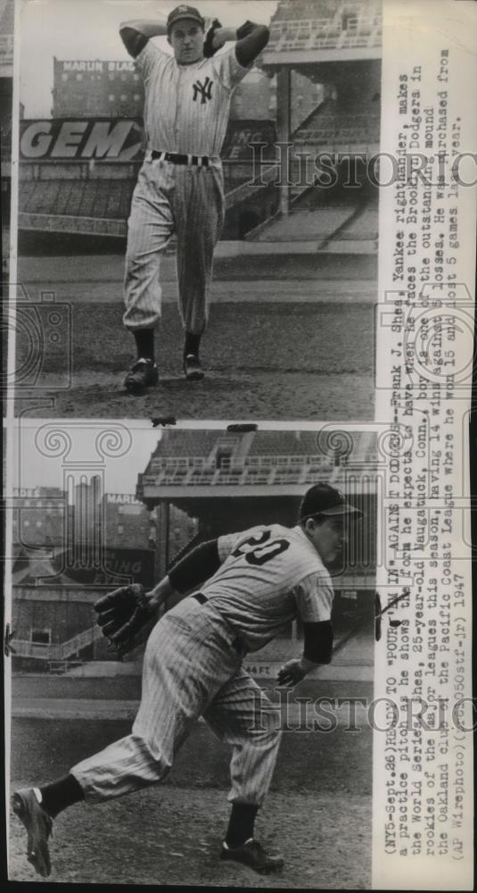 1947 Press Photo Frank J. Shea, Yankees pitches against Dodgers - cvb76830 - Historic Images